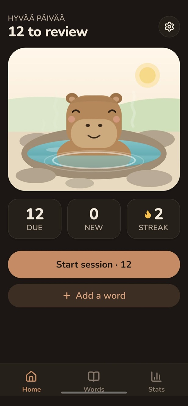The home screen: a capybara in a hot spring, today's reviews, and a Start session button